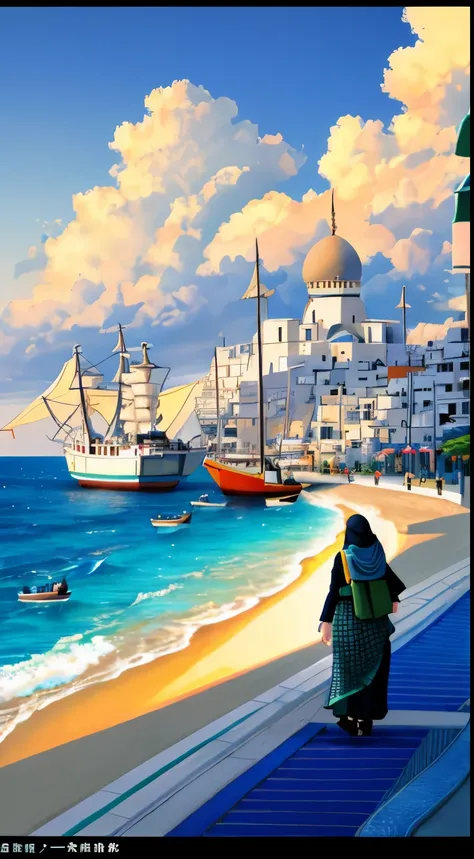 Create a captivating digital artwork depicting serene and beautiful (futuristic) Palestine oceanfront life, featuring including men wearing traditional keffiyeh, women wearing hijab, children playing. Pleasure boats in the water, a seaside bazaar, beautifu...