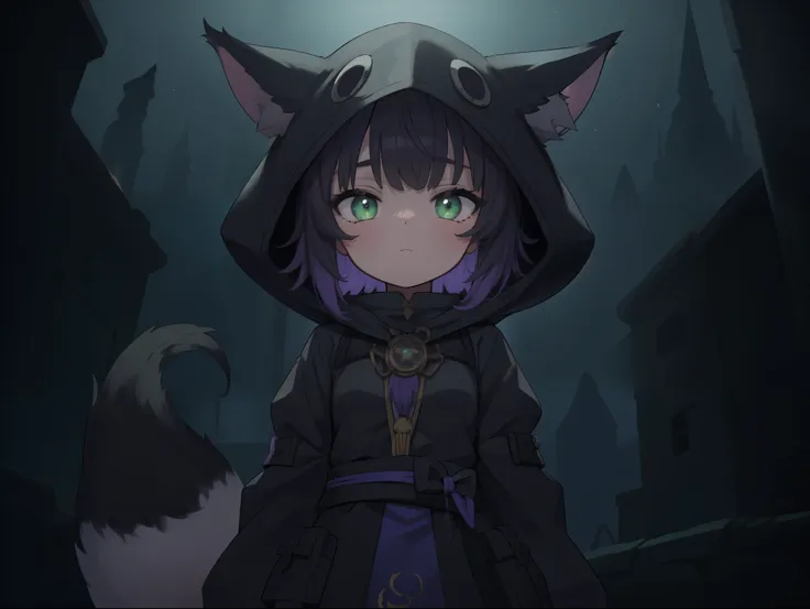 ((solo)), ((loli)), solo, ((short black hair)), ((purple highlights)), bangs, (((black fox ears))), black fox tail, green eyes, ...