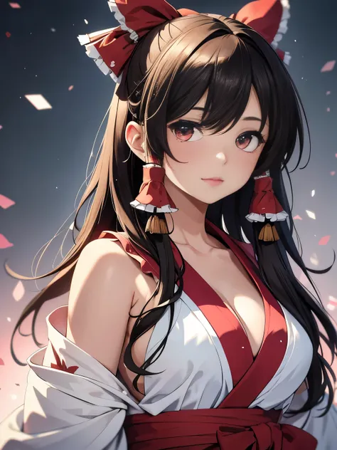 masterpiece of Hakurei Reimu, best quality visual creation, Suitable for Work (SFW), richly colored and intricately detailed, one solitary girl depicted, Hakurei Reimu with browns mattering her eyes and cascading brown hair, capillary details visible on he...