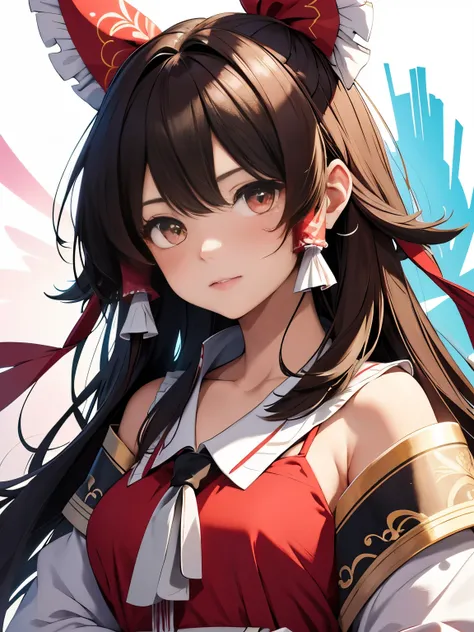 masterpiece of Hakurei Reimu, best quality visual creation, Suitable for Work (SFW), richly colored and intricately detailed, one solitary girl depicted, Hakurei Reimu with browns mattering her eyes and cascading brown hair, capillary details visible on he...