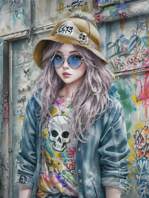 8K quality, watercolor painting, stylish design, (((The strongest beautiful girl of all time))), (((Japanese)))、Idol、clear, stylish glasses, Fashionable hats, (((highest quality))), bob hair, Place your hands on the wall, HDR, ((Detailed details)), (((skul...