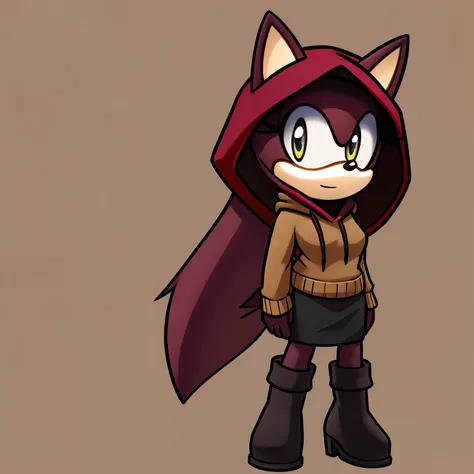 Female, Mobian, Hedgehog, Maroon fur, long hair/quills, medium breasts, darkish yellow hooded sweater, black heeled boots, shirt, black pencil skirt, standing, solo, 1girl, hood down