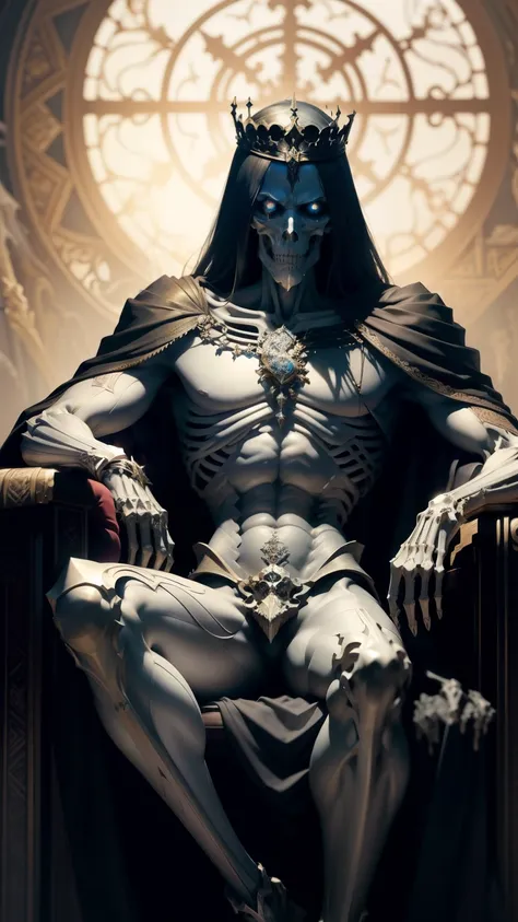 Best quality sculpture-like perfect figure Skeleton King, exuding an aura of grandeur and terror with every bone sharply defined. His eyes gleam with an otherworldly mercy eye reflex, adding a mysterious depth to his ominous presence. Alone on his throne, ...