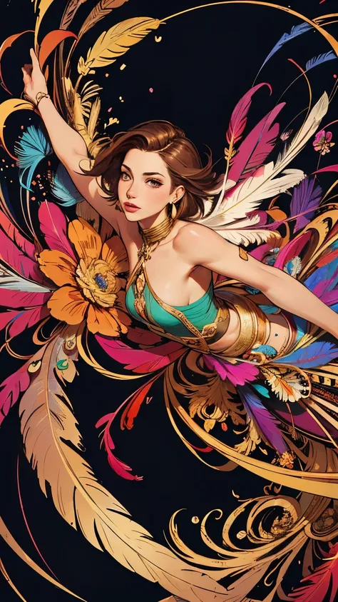 small breasts, bare shoulders, short hair, brown hair, colored feather, metal ornaments, colored flowers, particle, light, (masterpiece, highest quality, official art, beautiful and aesthetic: 1.2), (1 girl: 1.3), very detailed, (fractal art: 1.1), (colorf...