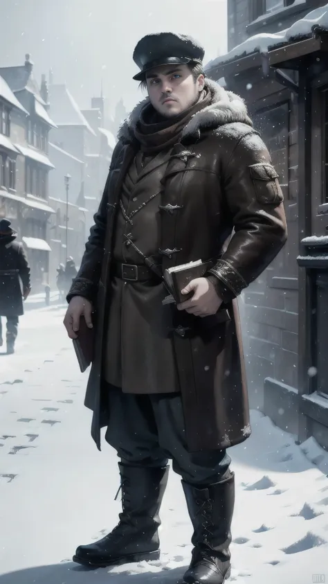 frostpunk, ((john bradley)) as samwell tarly, hat, jacket, boots, (holding books), (winter street), snow, 1man, solo, beautiful ...