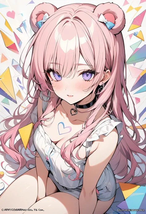 ,beautiful flower々）,mole under eye, heart shaped choker, (masterpiece, highest quality), official art, beautiful and aesthetic: 1.2), (1 girl), very detailed, (geometry art: 1.3), colorful、pink bob hair、bear ears、 whole body