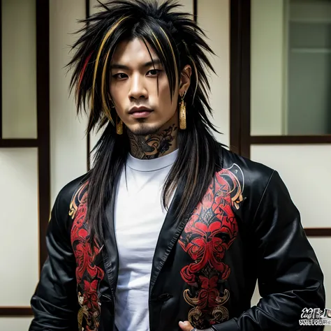 1 man, Japanese man, male, Asian eyes, muscular, broad shoulders, yakuza tattoos, hairstyle Visual Kei style, hair Visual Kei, black mens shirt and black pants, ultra detailed face, hyperrealistic, realistic representation, long hair, long hair, 30 years o...