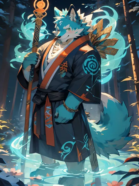 (Masterpiece), very detailed, 8k, (best quality), male, little fox, ((cyan fur)), petite and cute, ((holding Dharma staff)), white Taoist robe,(with a spirit beast by his side), martial arts style, sweet smile, forest in the background