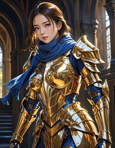 masterpiece, Ridiculous, fine details, high dynamic range,highly detailed armor with gold plating, shiny armor, lifelike,programmable logic device_armor, a female knight in armor, wearing programmable logic device_armor, blue scarf