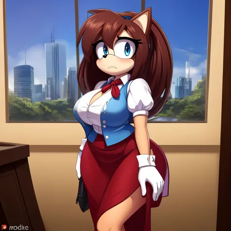 Female, Mobian, Hedgehog, Maroon fur, long hair/quills, breasts, standing, solo, 1girl, blue eyes, masterpiece, best quality, 1girl, solo, average sized breasts, ((looking at viewer)), long skirt, shirt, gloves, long dress, half body, short sleeves, puffy ...