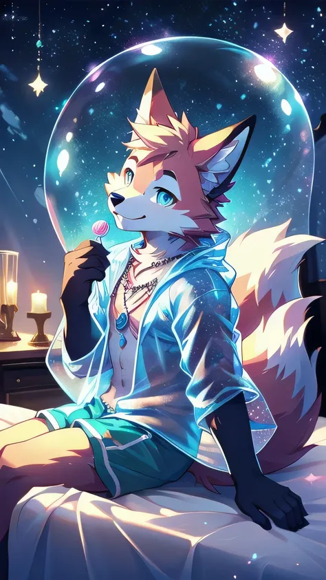 Anthropomorphic fox, In good condition, Pink fur, alone, (Exquisite details), white, Smile, Handsome, OK, transparent raincoat, blue shorts, Night time, sitting on bed, Bubble Magic, Candy clouds, Star decoration, canine, male, giggle, (Slim, exquisite eye...