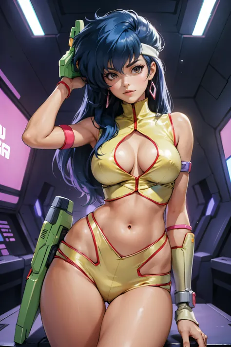 Yuri from The Dirty Pair, , wearing a tight outfit, skimpy, medium breast, (long hair), dark blue hair, beauty, cyberpunk city background, holding retro space-gun, cleavage, slim waist, slim thighs, thigh gap, (light yellow uniform), show belly