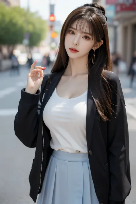 double,, , 1 girl, ahog, Bangs, black skirt, black sweater, blue nails, vague, vague background, breast, brown eyes, brown hair, brown Jacket, Keep your mouth shut, obsolete, sky, depth of field, earrings, eyelash, Raise your hand, head tilt, Jacket, jewel...