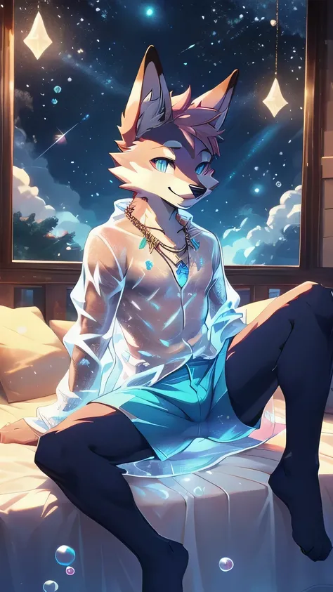 Anthropomorphic fox, In good condition, Pink fur, alone, (Exquisite details), white, Smile, Handsome, OK, transparent raincoat, blue shorts, Night time, sitting on bed, Bubble Magic, Candy clouds, Star decoration, canine, male, giggle, (Slim, exquisite eye...