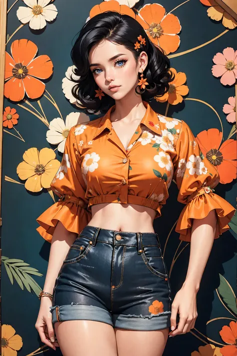 (((Masterpiece))), a top influencer woman, top quality, super detailed, cute and spunky, retro 60s style, fair skin, short curly black hair with flower clips, orange button up crop top transparent floral print sleeves, brown high waist button up shorts, re...