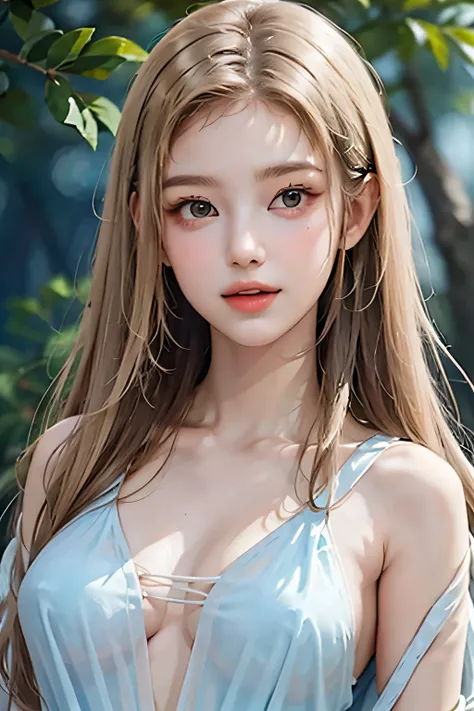 (masterpiece), (highest quality), (be familiar with), light layer, 1 girl, young girl in the forest, sexy transparent colonial dress, perfect body, blonde hair, pronounced chest, defined clavicle, surreal, realistic, be familiar with, perky see-through nip...