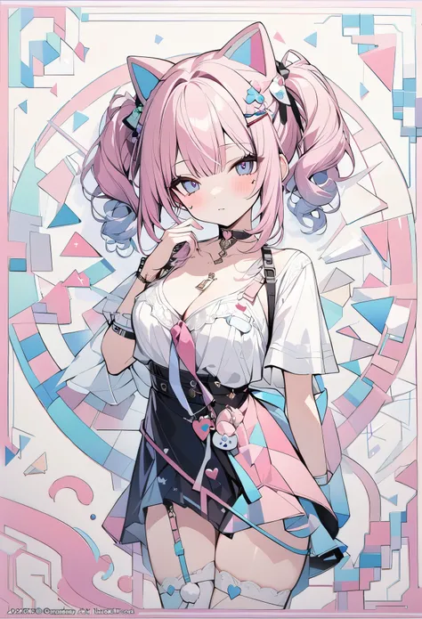 ,beautiful flower々）,mole under eye, heart shaped choker, (masterpiece, highest quality), official art, beautiful and aesthetic: 1.2), (1 girl), very detailed, (geometry art: 1.3), colorful、pink bob hair、Cat ear、 whole body