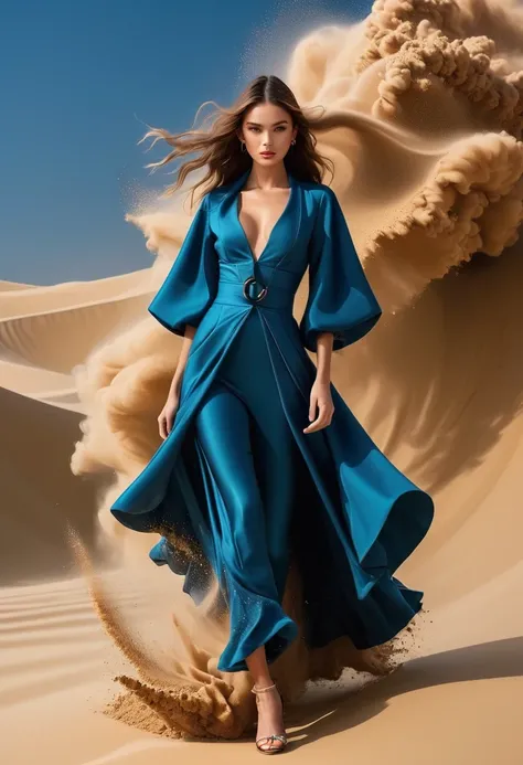 (Photo of a female model wearing brown high-end fashion catwalk）,high class boutique, witch clothes，Paris fashion show scene，catwalk scene，（Full body female love：1.37）.nice shoes，sand and foam, dust rising，brown clothes swirling like a whirlpool, （Ridiculo...