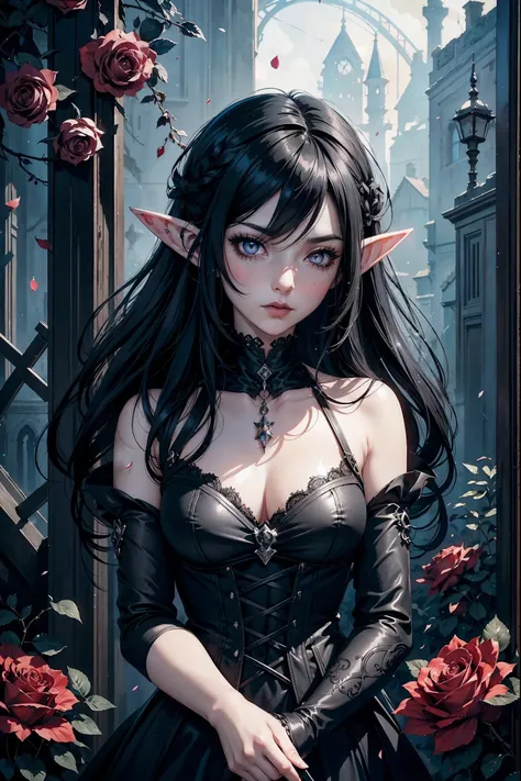 anime Elf girl, black hair, gothic style, roses in hair,dark black eyelashes ,pale eyes, digital illustration, comic style, gothic renaissance, centered, approaching perfection, dynamic, highly detailed, watercolor painting, art gallery award winning maste...