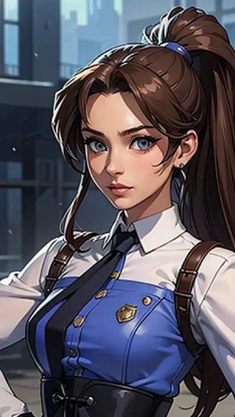 masterpiece, best quality, ultra detailed, 1girl, (fashion show:1.3), police uniform, gun, aerith gainsborough, beautiful detailed eyes, your faker