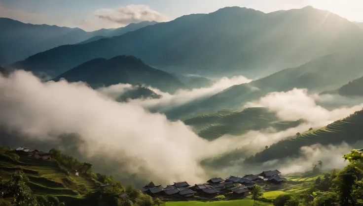 Miao village, sea of clouds, sunlight, time-lapse, green mountain, smoke, Miao village close-up