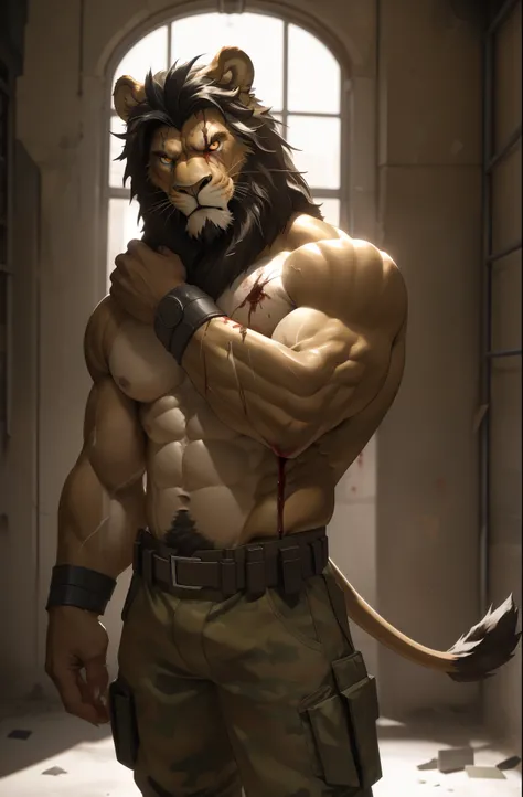 there is a Lion in a military uniform, Lion, in a soldier uniform, commission for high res, topless, SFW, anthropomorphic, extra detailed body, detailed body, Best quality, masterpiece, ultra high res,detailed background,realistic, real shadow and light,de...