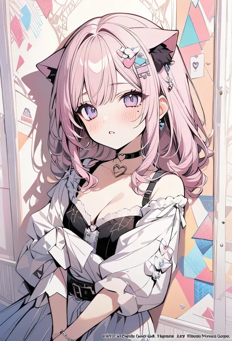 ,beautiful flower々）,mole under eye, heart shaped choker, (masterpiece, highest quality), official art, beautiful and aesthetic: 1.2), (1 girl), very detailed, (geometry art: 1.3), colorful、pink bob hair、Cat ear、 whole body