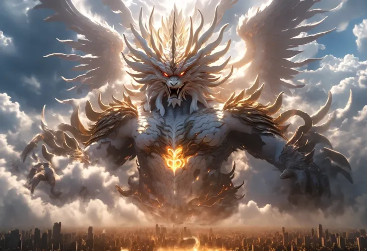 supernatural art,bj_sacred_beast, gigantic garuda made of thnuder, fly  with storm over the modern city}horn,electricity,tooth, ...