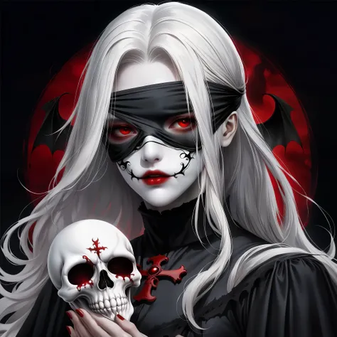 （holding a mask in hand：1.5），（white-haired ghost wearing an eyepatch，straight hair，red eyes），（gothic art），（fear：1.5），（correct hu...