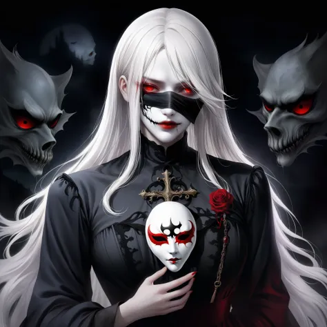 （holding a mask in hand：1.5），（white-haired ghost wearing an eyepatch，straight hair，red eyes），（gothic art），（fear：1.5），（correct hu...