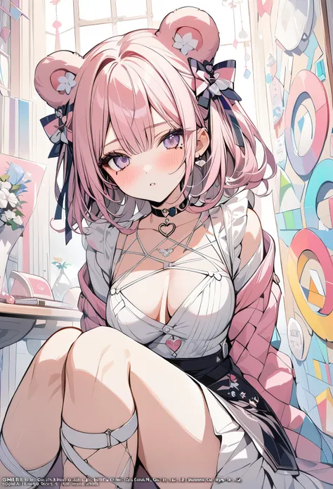 ,beautiful flower々）,mole under eye, heart shaped choker, (masterpiece, highest quality), official art, beautiful and aesthetic: 1.2), (1 girl), very detailed, (geometry art: 1.3), colorful、pink bob hair、bear ears、 whole body