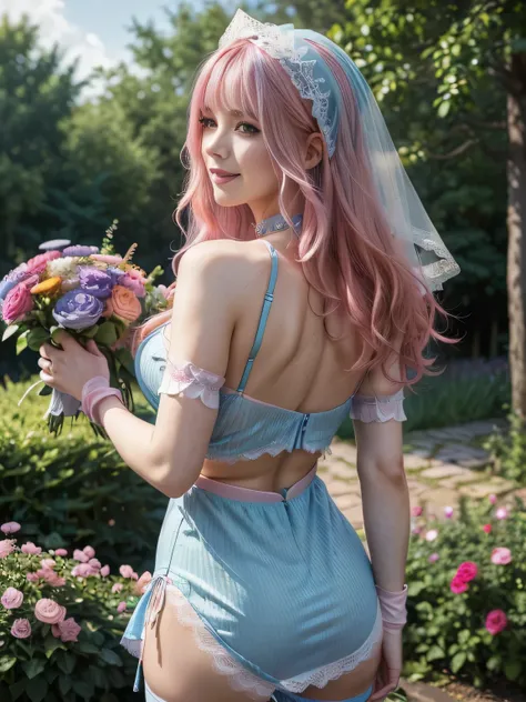 (realistic,masterpiece, highest quality: 1.4),(woman,smile(pink hair,Blue streaked hair,perm hair)),((butt 1,4)(Pose showing your back))(mini dress,lace underwear,Lace embroidery,headdress,choker,gloves up to the elbow,garter stockings,cloak),(garden,color...