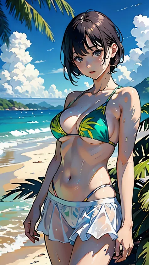 ((highest quality, masterpiece, High resolution))、 ((reality))、beautiful japanese women pictures,((anime art))、 (((1 girl)))、normal size breasts、slim body shape、 medium short hair、 double eyelid、Wet see-through bikini、Pareo skirt with bold ethnic patterns ...