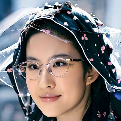 beautiful Korean woman wearing a Muslim hijab wearing transparent round glasses