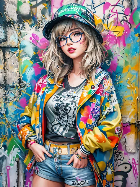 8K quality, watercolor painting, stylish design, (((The strongest beautiful girl of all time))), (((Japanese)))、clear, stylish glasses, Fashionable hats, (((highest quality))), bob hair, Place your hands on the wall, HDR, ((Detailed details)), stylish fash...