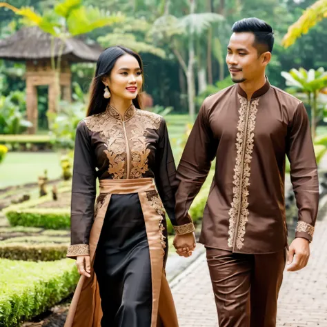 Beautiful Indonesian woman detail, long hair, wearing brown kebaya clothes, walking in the keraton garden next to her a handsome Indonesian man wearing brown surakarta traditional clothes with blangkon, short black hair, wearing brown jarit, cloudy weather...