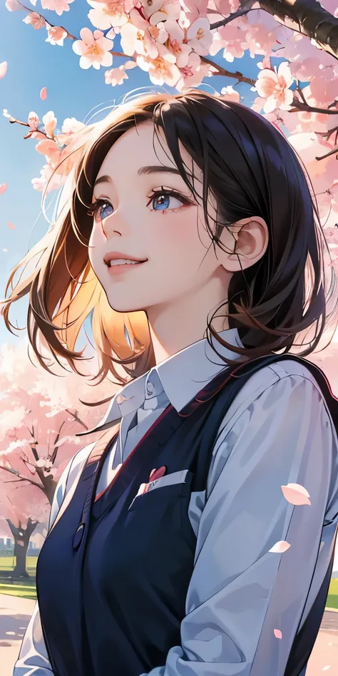 Realistic、10 years old female 、office casual、Dynamic close-up looking up from under the cherry blossom tree、Beautifully falling petals、The sky turns red at dusk、face smile、Working on a computer under the blue sky