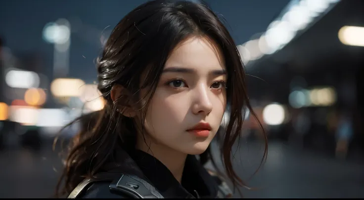 A beautiful woman. Twenty years old. Dark brown hair. He is looking at the camera with a serious expression. In her background is a futuristic city.