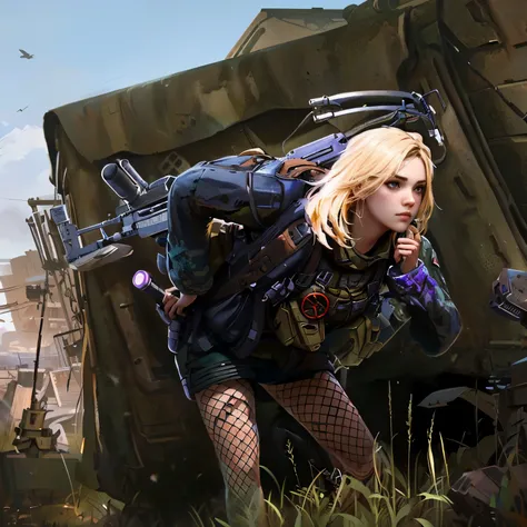 blond woman with a gun and a backpack in a field, mechanized soldier girl, artwork in the style of guweiz, infantry girl, of a s...