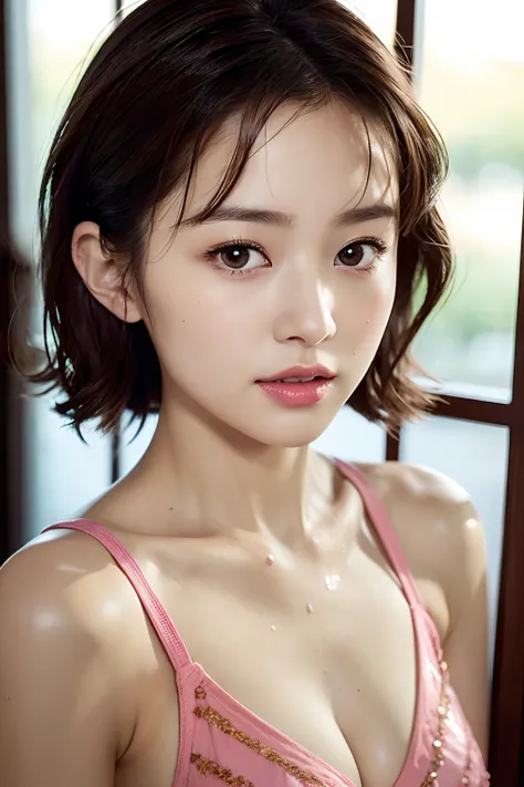 1girl， Ultra-delicate skin， Behold the， Brown eyes， （Short shoulder-length hair with bangs： 1.2）， （realisticlying： 1.4）， （best qualtiy： 2.0）， （hyper HD： 1.0）， 8K， （tmasterpiece： 1.5）， （pureerosface_v1：1.5）， no brassiere，Large breasts，The cleavage is clearl...