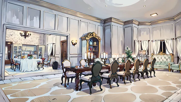 there is a room with a table, chairs, and a mirror, ornate retreat, inspired by Adélaïde Victoire Hall, anime, fancy apartment, luxurious environment, glamorous setting, very detailed”, very detailed ”, elegant and refined, lavishly decorated, visual novel...