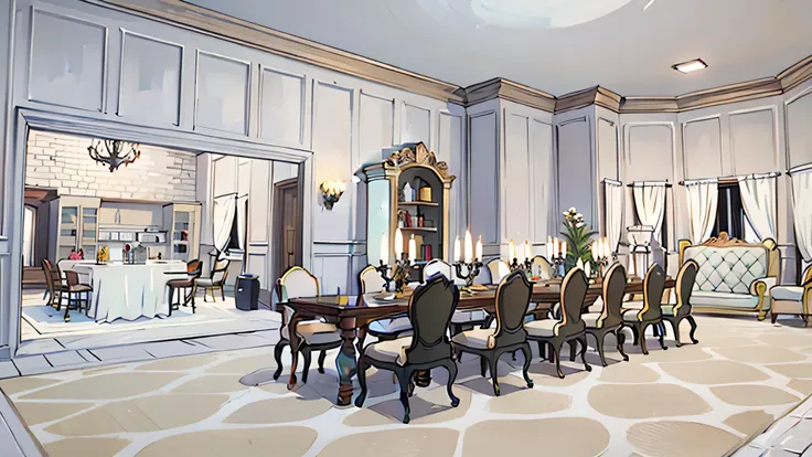 there is a room with a table, chairs, and a mirror, ornate retreat, inspired by Adélaïde Victoire Hall, anime, fancy apartment, luxurious environment, glamorous setting, very detailed”, very detailed ”, elegant and refined, lavishly decorated, visual novel...