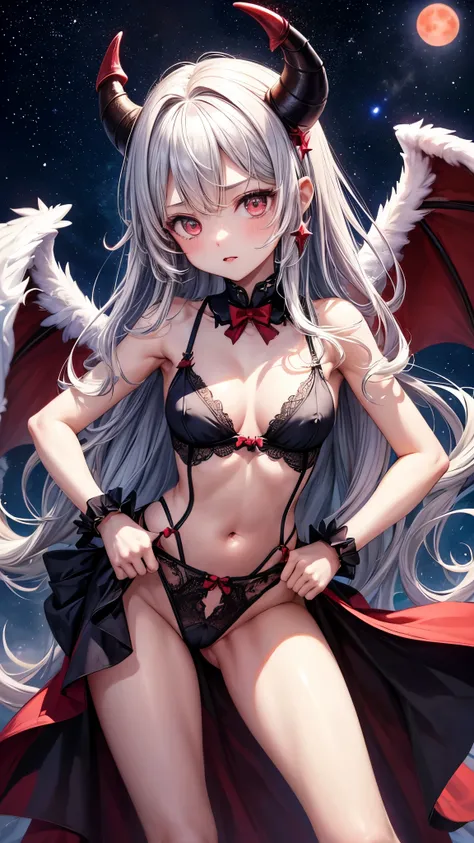 very cute devil and angel、12 year old girl(2 people)、(Breast size according to age)、standing position、full body shot、(You can see the shape of the nipple from the top of the clothes)、not wearing panties、background starry sky、Red Moon、