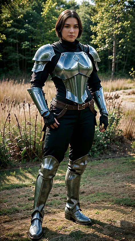 Full body shot,fantasy world,female adventurer,detailed face features,huge,muscular,short hair,dark steel armor,armored pants,armored boots,standing straight,masculine pose,facing straight to viewer,field background