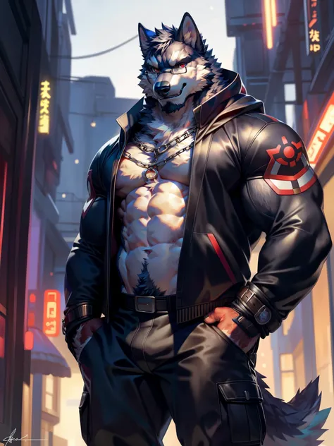 solo, anthro, furry, furry male, wolf, ((fluffy fur, fluffy, furry body)), (black fur, wolf print), black body, red eyes, glasses, black fur, wolf tail, detailed fluffy fur, muscular male, detailed face, detailed eyes, chest, abs, chain necklace, full body...