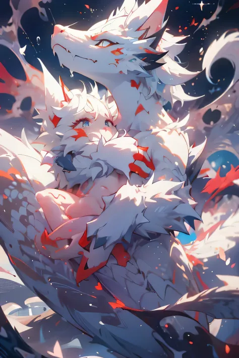 solo, male, (fit, abale anthro dragon):1.2, body scales, white belly, (laying on back):1.2, (kemono:1.4) ((small tiny black thong) (blue pattern:1.2)), chibi young dragon with white and red body color, fit body, perfect masculine body, naked,full body drag...