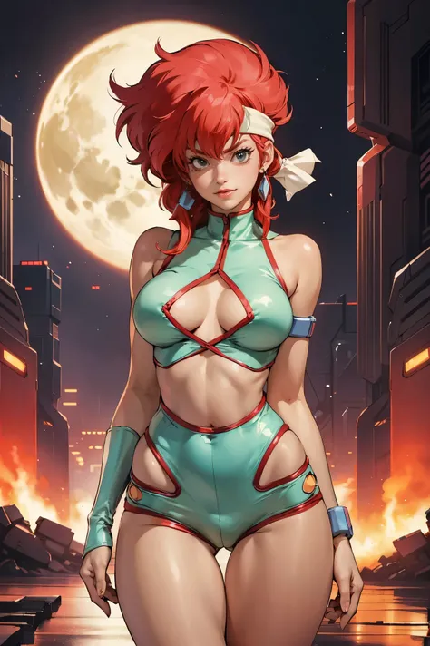 Kei from The Dirty Pair, , wearing a tight outfit, skimpy, medium breast, red hair beauty, cyberpunk city background, holding retro space-gun, headband, slim waist, slim thighs, thigh gap