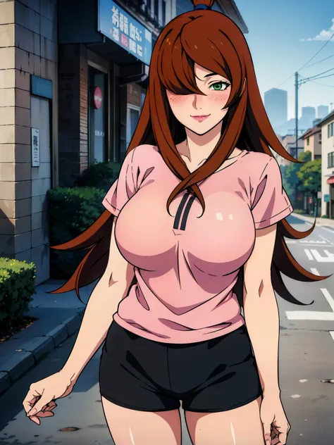 white-pink t-shirt, black short pants, sunny city street background, mei terumi, solo, takeda hiromitsu style, anime cels style, best quality, high resolution, (large breasts:1.3), cowboy shot, blush, smiling, slim body, long hair, brown hair, green eyes, ...