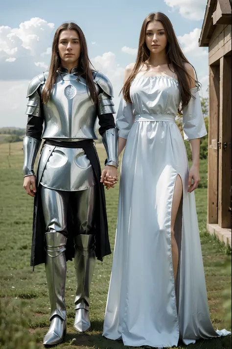 fantasy world,1 male and 1 female, female housewife,detailed face features,thin and delicate figures,long flowy hair,long house dress,and heels, male knight,detailed face features,huge,muscular,short hair,dark leather armor,armored pants,armored boots, sta...