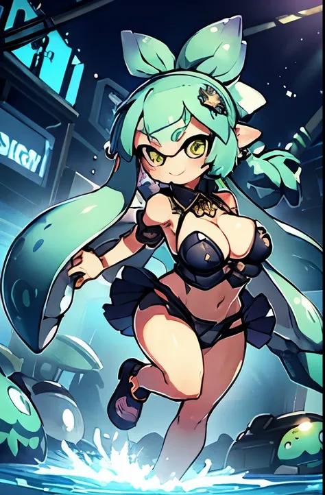 masterpiece、highest quality、High resolution、4k、1 beautiful girl、girl、splatoon inkling, tentacle hair、ink bomb、(((whole body)))、neon blue tentacle hair、ponytail tentacle hair、big ribbon、golden eyes、smile、cheek、Lipstick、super big breasts、cleavage、pointed ear...